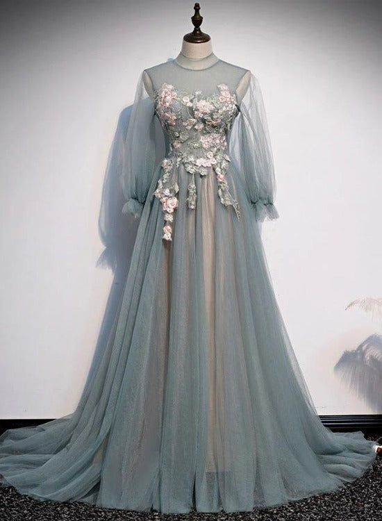 Lovely Long Sleeves Tulle Prom Dress with Flowers