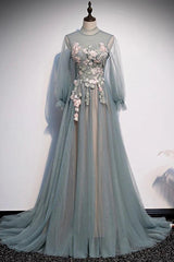 Lovely Long Sleeves Tulle Prom Dress with Flowers