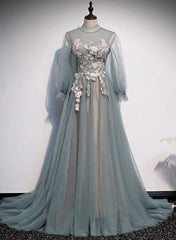 Lovely Long Sleeves Tulle Prom Dress with Flowers