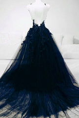 Dark Blue Tulle With Lace Long Evening Dress