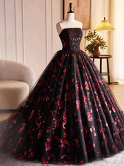 Vestido de fiesta con flores negras y rojas, corte A y escote redondo 