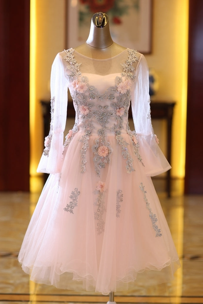 Adorable Pink Tulle Knee Length Long Sleeves Party Dress