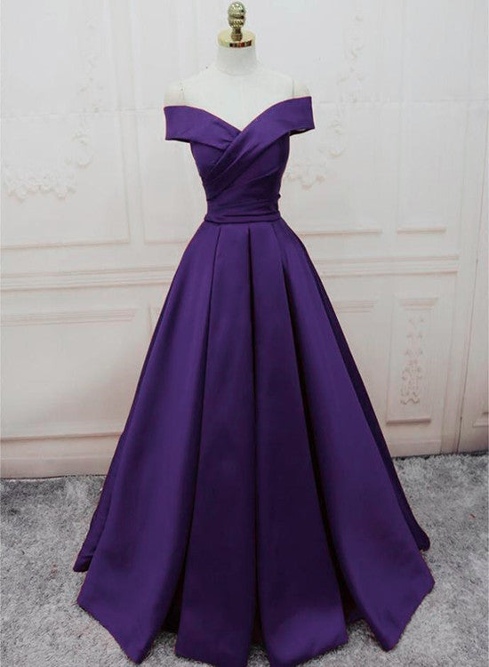 Dark Purple Off Shoulder Satin Long Formal Gown