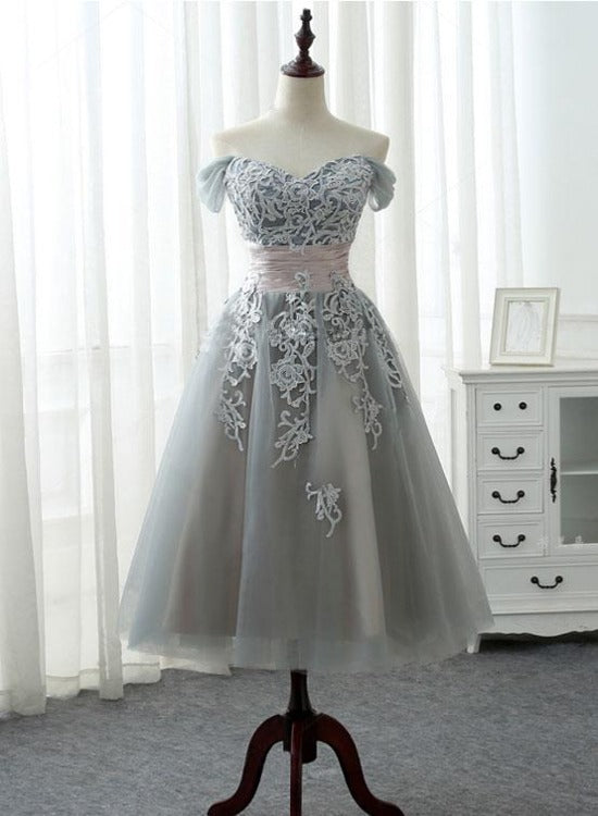 Beautiful Grey Tea Length Formal Dress with Lace