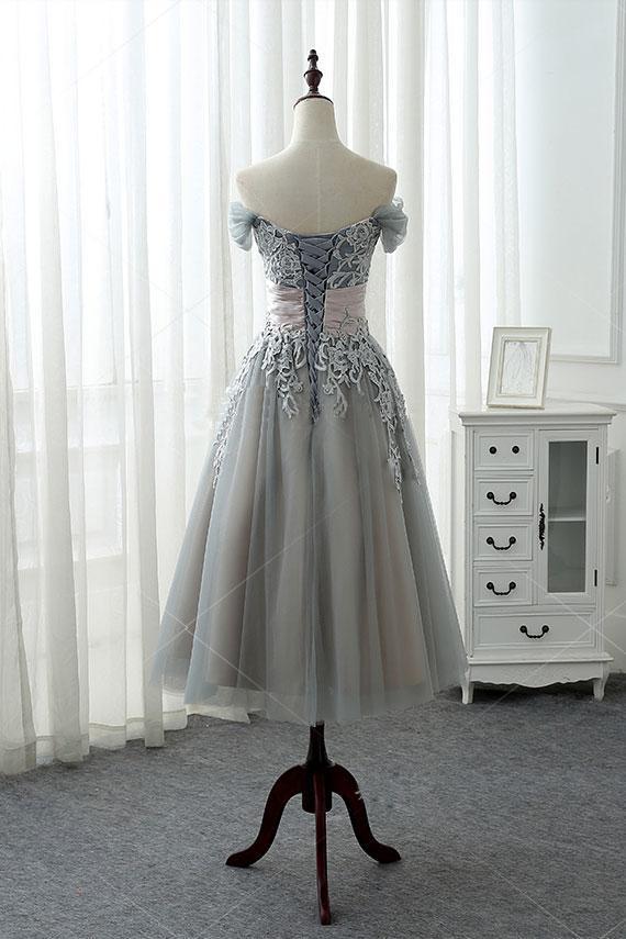 Beautiful Grey Tea Length Formal Dress with Lace