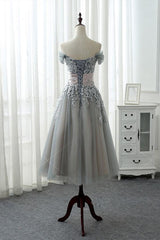Beautiful Grey Tea Length Formal Dress with Lace