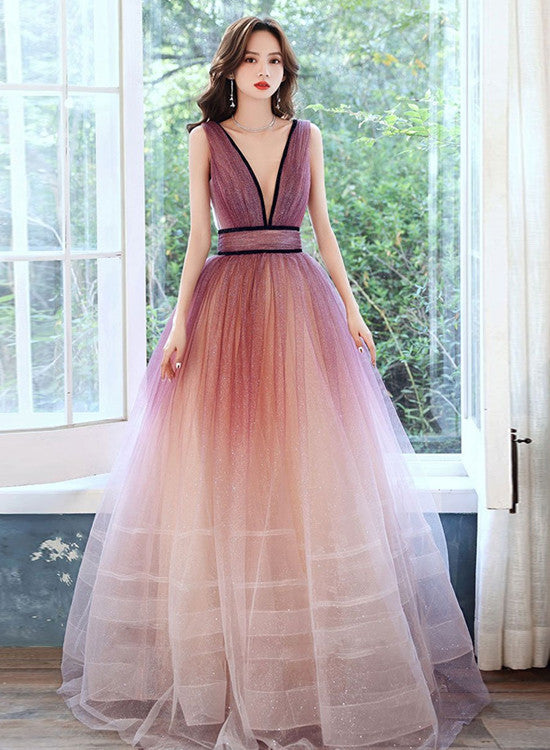 Beautiful Tulle Gradient V-neckline Long Party Dress