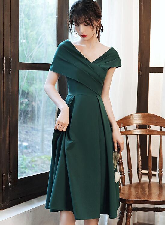 Green Off Shoulder Knee Length Bridesmaid Dress