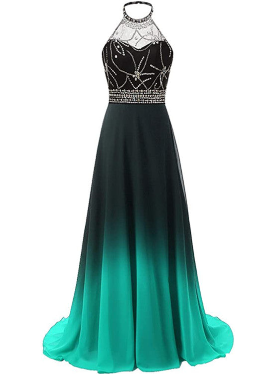 Vestido de fiesta largo de noche con degradado verde y negro 