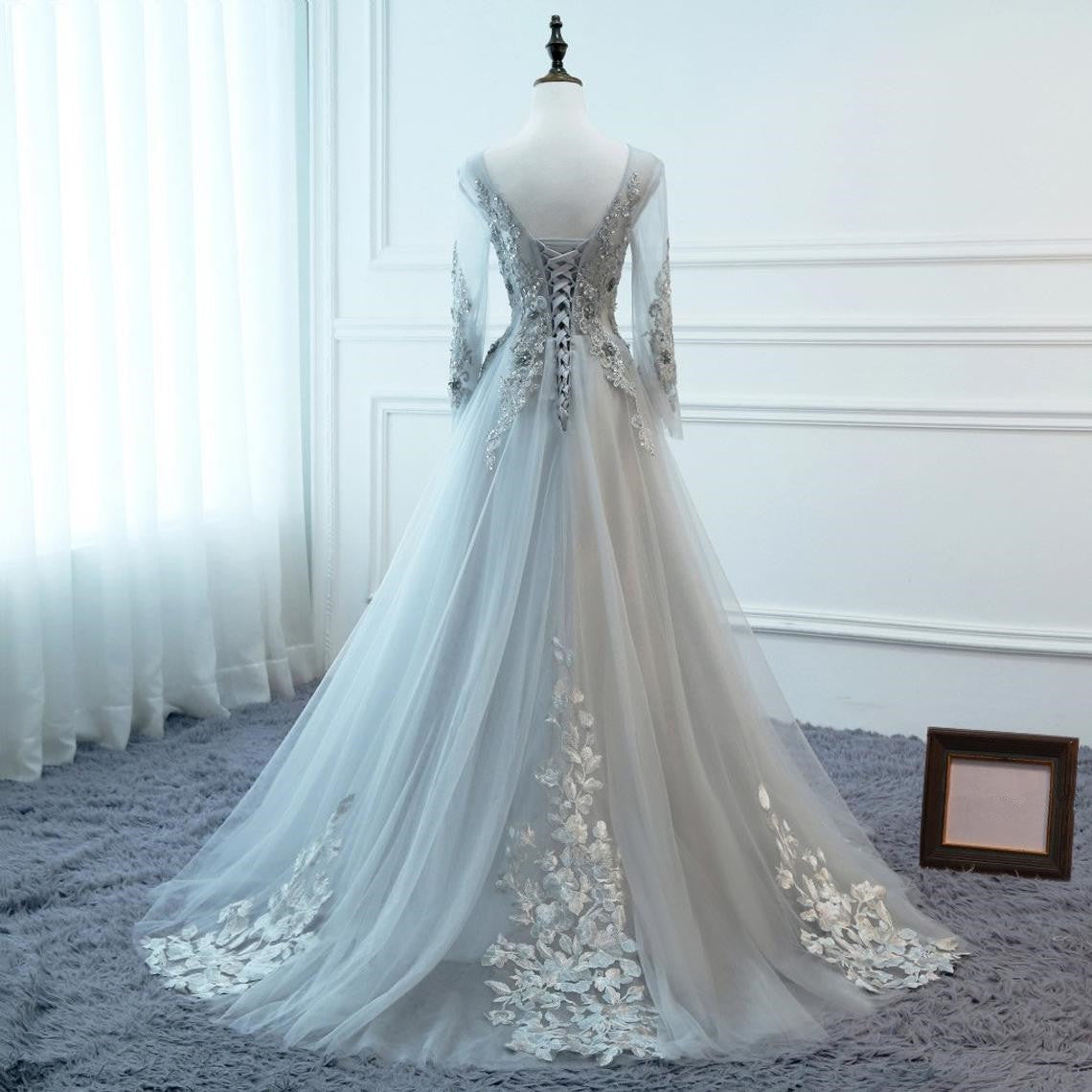 Light Grey Tulle Long Sleeves A-line Prom Dress