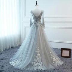 Light Grey Tulle Long Sleeves A-line Prom Dress