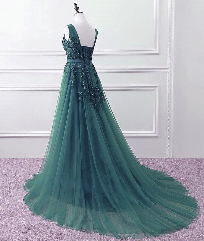 Vestido de fiesta largo de tul verde cazador con escote en V 