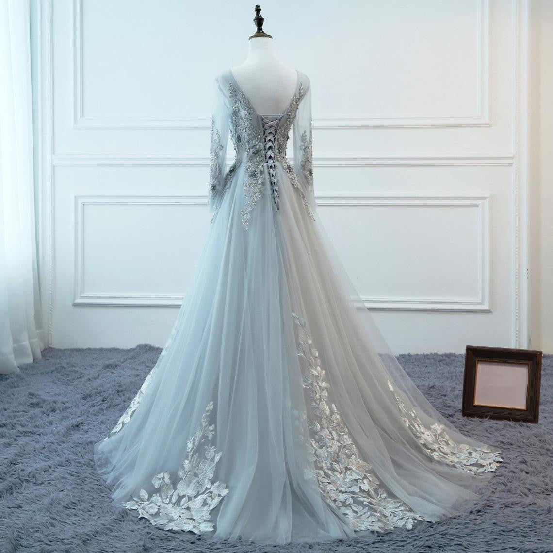 Light Grey Tulle Long Sleeves A-line Prom Dress