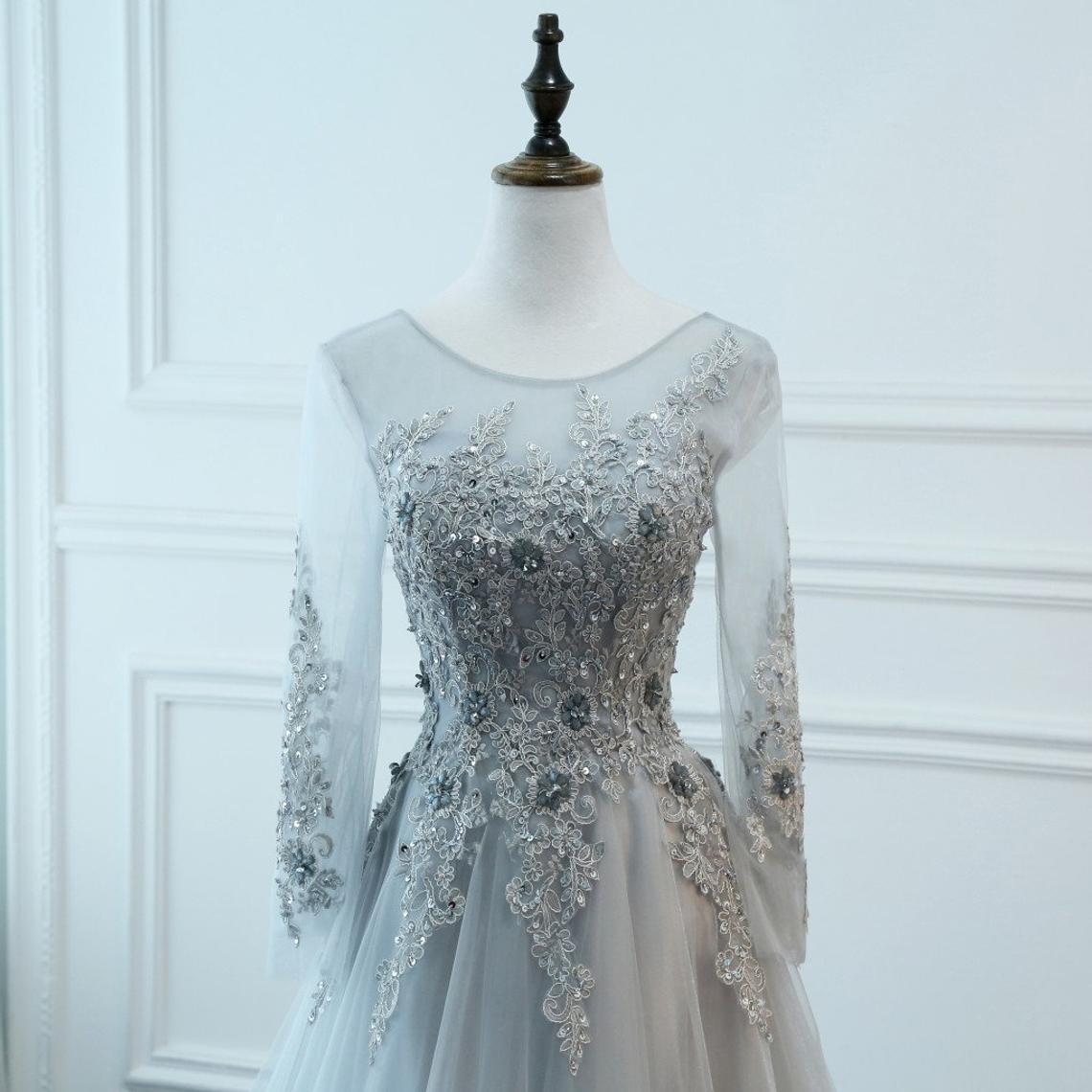 Light Grey Tulle Long Sleeves A-line Prom Dress