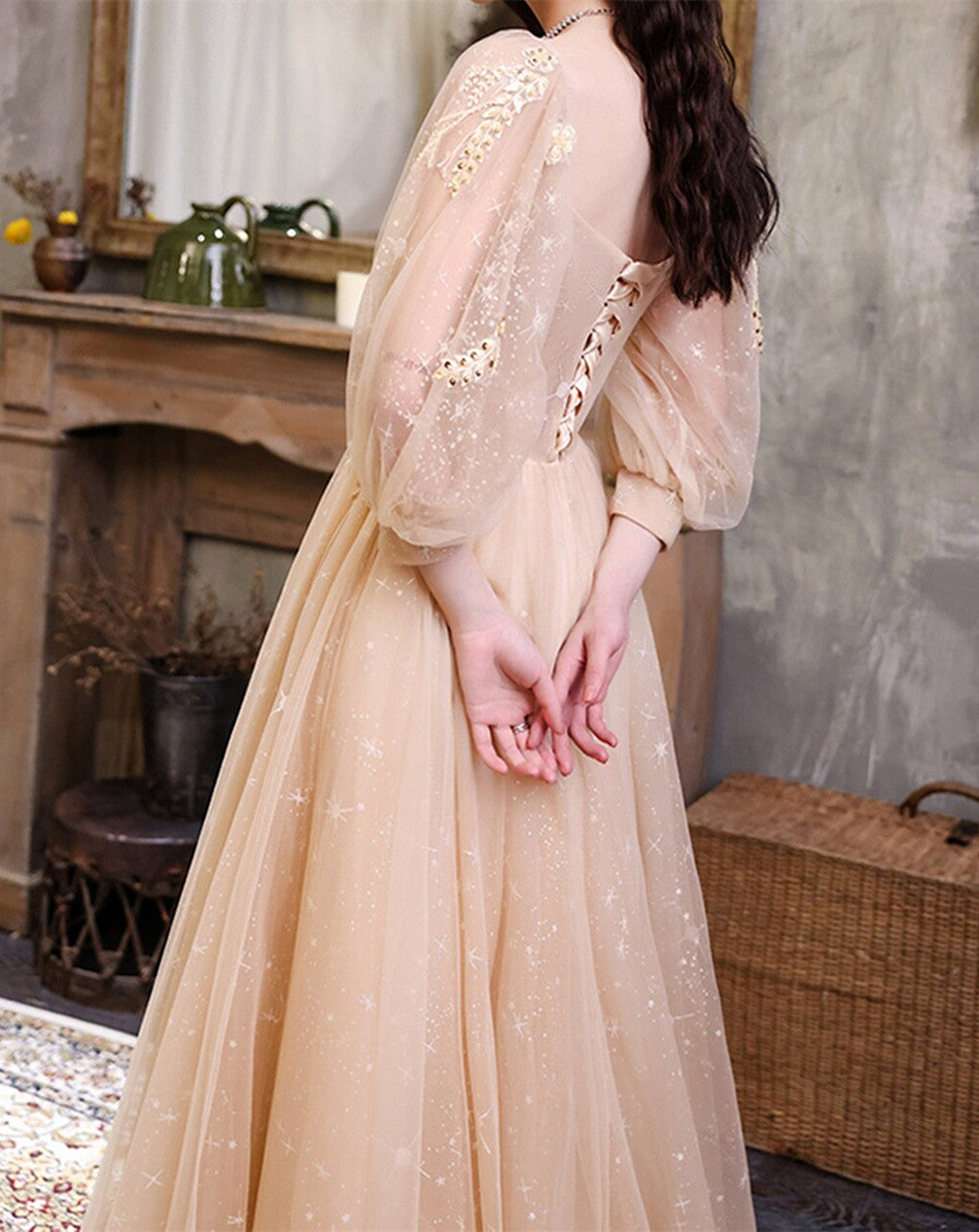 Champagne Puffy Sleeves Tulle Long Prom Dress