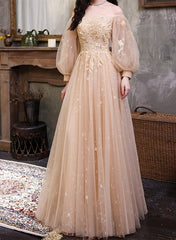 Champagne Puffy Sleeves Tulle Long Prom Dress