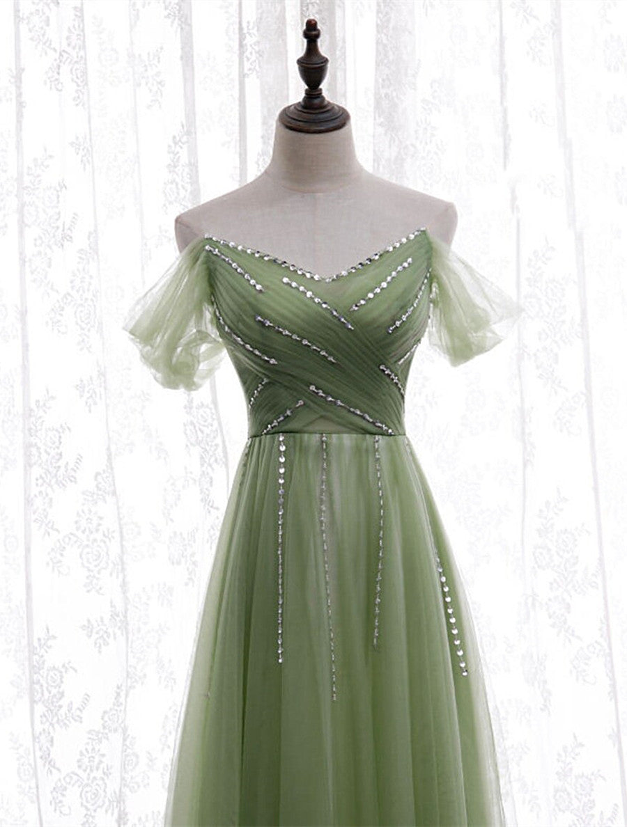 Vestido de fiesta largo con escote en forma de corazón y cuentas verde claro 
