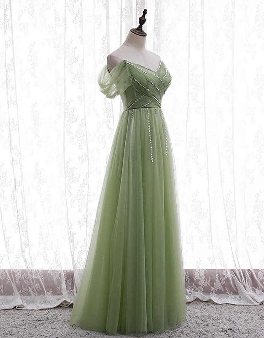 Vestido de fiesta largo con escote en forma de corazón y cuentas verde claro 