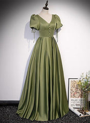 Vestido de fiesta de satén verde con mangas abullonadas y corte A 