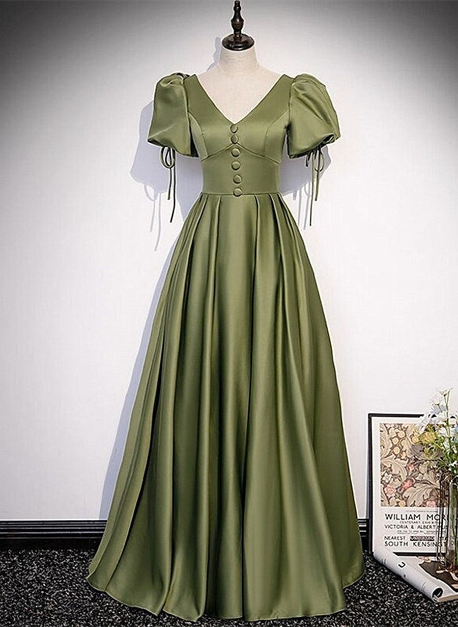 Vestido de fiesta de satén verde con mangas abullonadas y corte A 