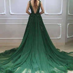 Vestido de fiesta verde oscuro con escote en V, encaje y cuentas en la espalda baja 
