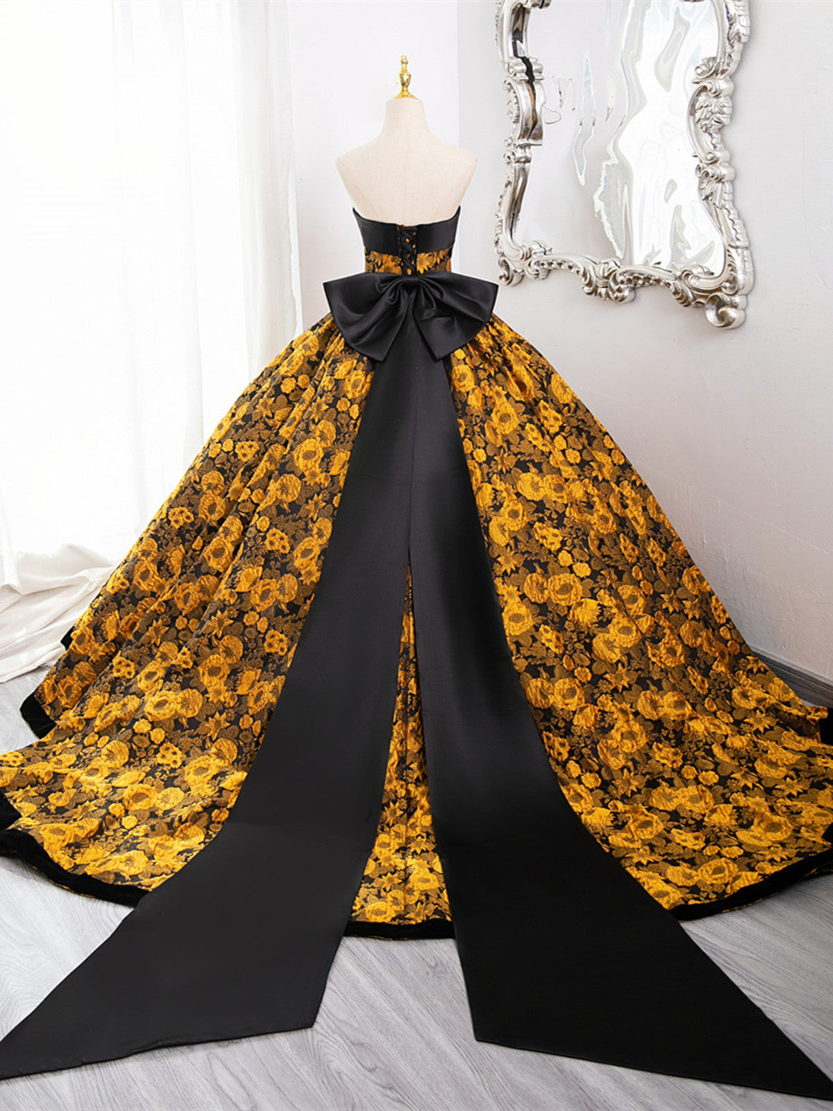 Gold Floral Satin Scoop Ball Gown Prom Dress with Bow