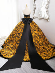 Gold Floral Satin Scoop Ball Gown Prom Dress with Bow