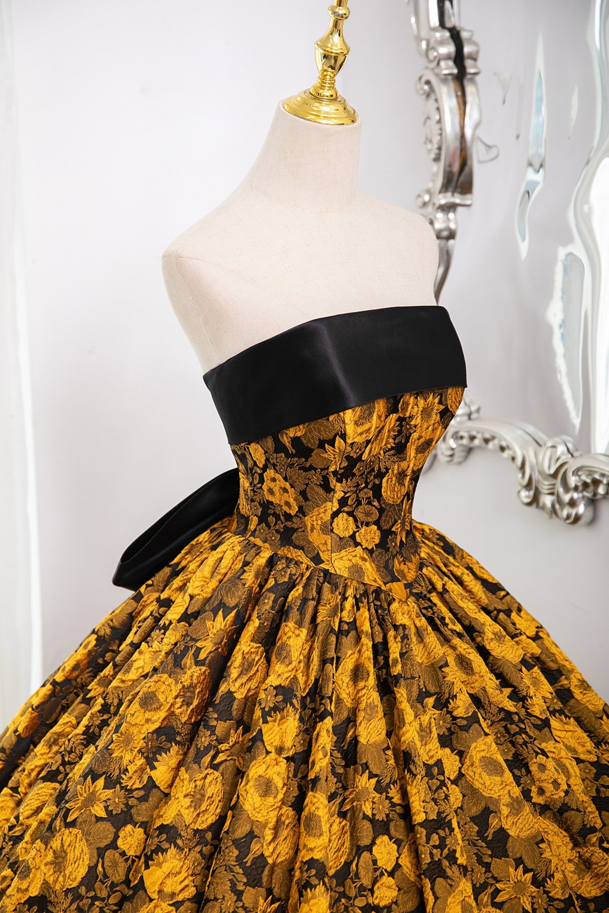Gold Floral Satin Scoop Ball Gown Prom Dress with Bow