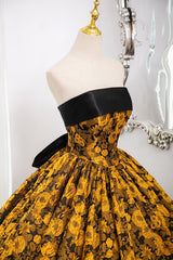Gold Floral Satin Scoop Ball Gown Prom Dress with Bow