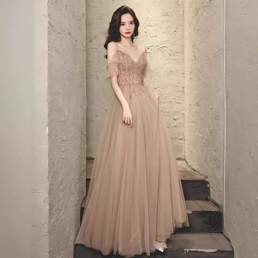 Beautiful Pink V-neckline Straps Beaded Long Party Dress