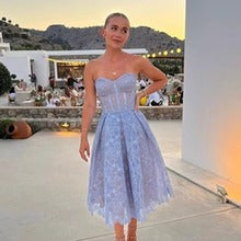Vestido de fiesta de moda azul alto bajo 