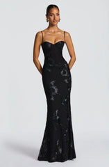 Black A-line Satin with Lace Applique Prom Dress