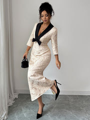 Elegant Blue Lace Long Sleeve Midi Dress with Statement Satin Bow