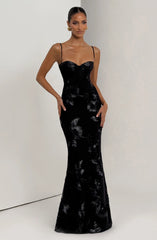 Black A-line Satin with Lace Applique Prom Dress