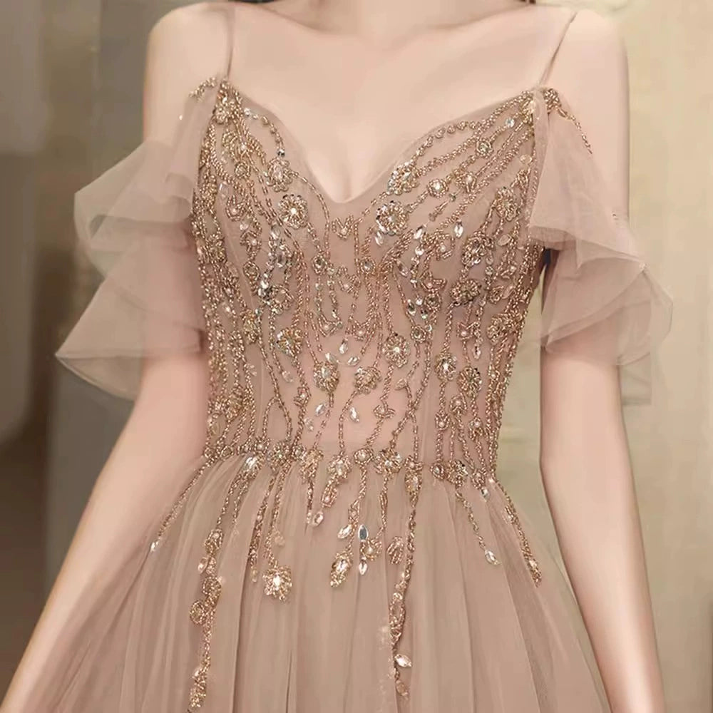 Beautiful Pink V-neckline Straps Beaded Long Party Dress