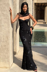 Black A-line Satin with Lace Applique Prom Dress