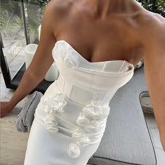Echo White Strapless 3D Floral Midi Dress