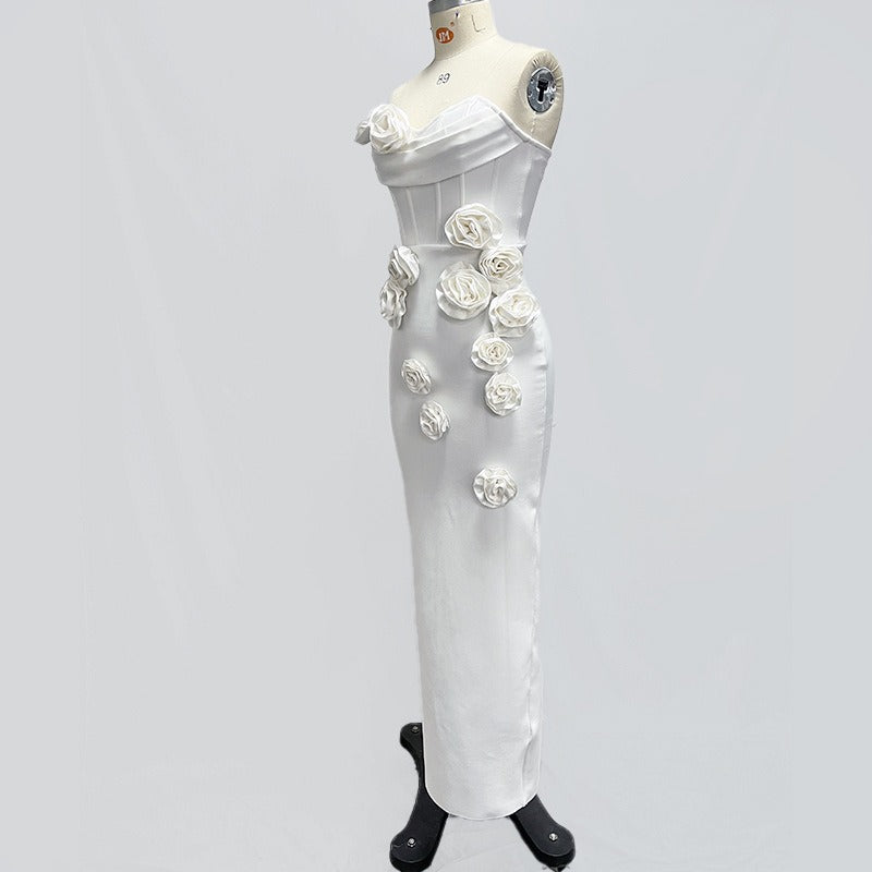Echo White Strapless 3D Floral Midi Dress
