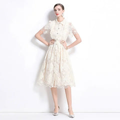 Fatma Elegant White Eyelet Lace Midi Dress