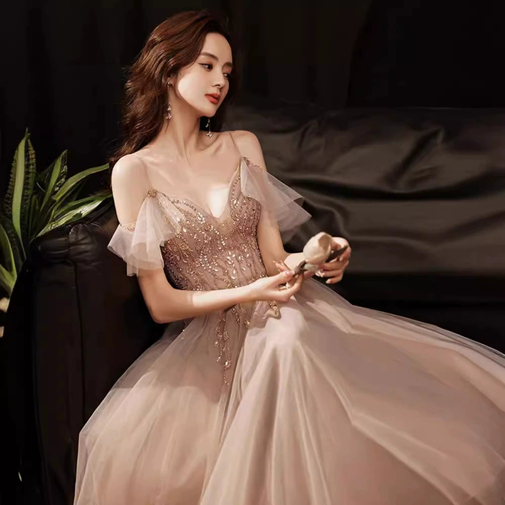 Beautiful Pink V-neckline Straps Beaded Long Party Dress