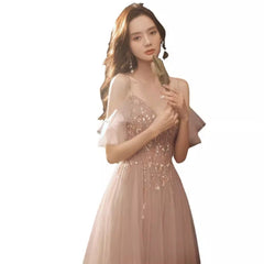 Beautiful Pink V-neckline Straps Beaded Long Party Dress