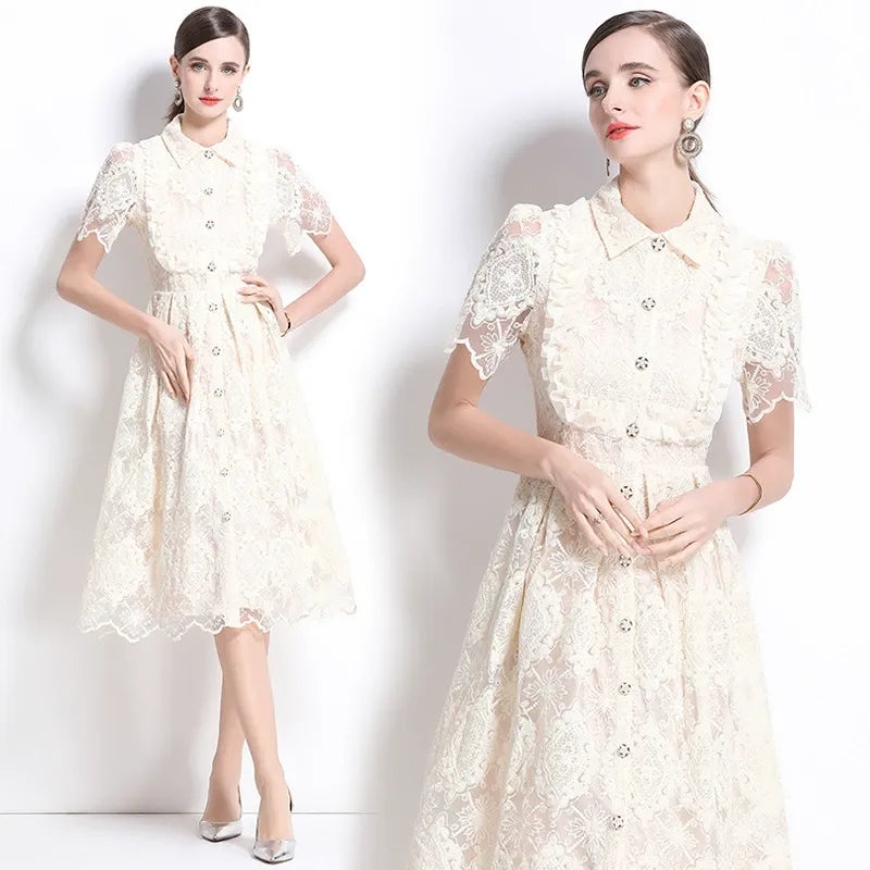 Fatma Elegant White Eyelet Lace Midi Dress