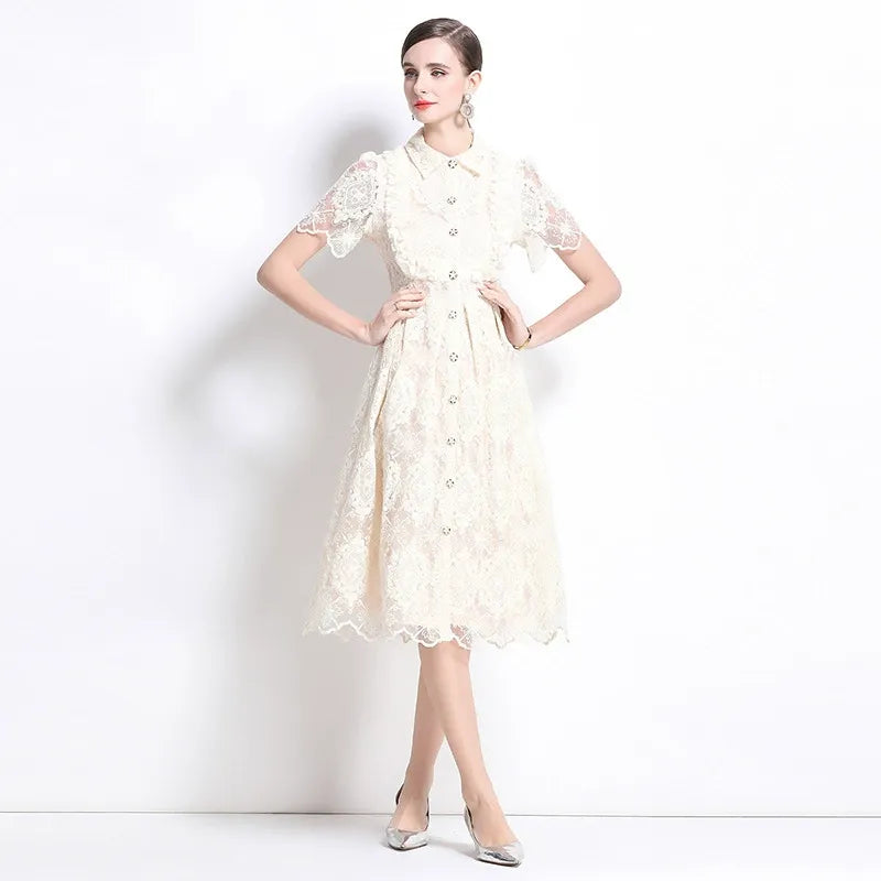Fatma Elegant White Eyelet Lace Midi Dress