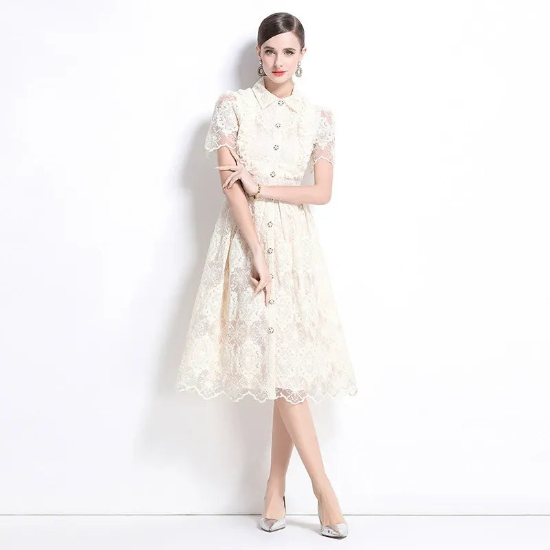 Fatma Elegant White Eyelet Lace Midi Dress
