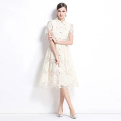 Fatma Elegant White Eyelet Lace Midi Dress