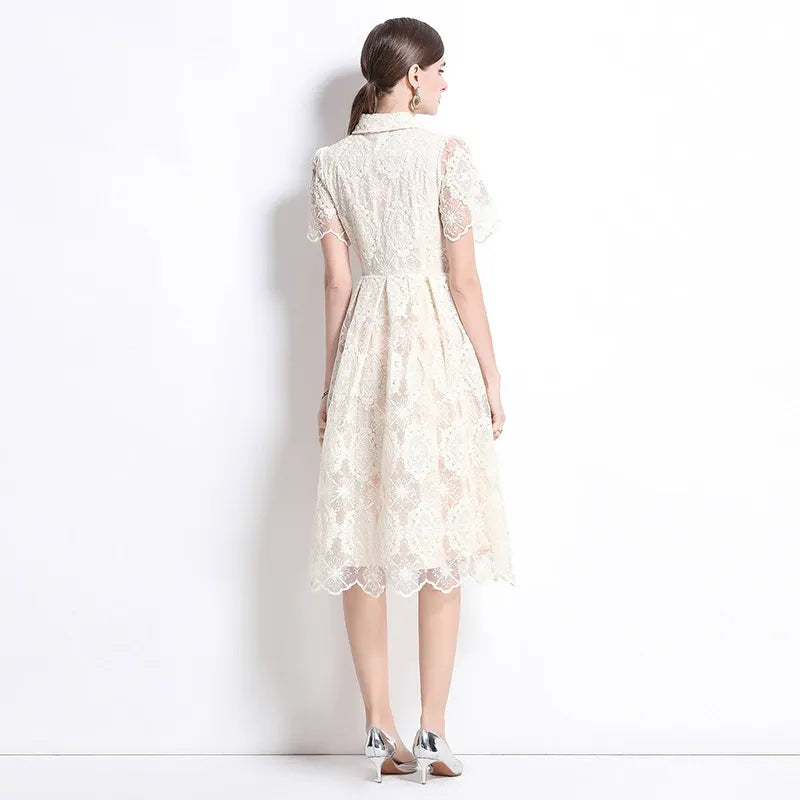 Fatma Elegant White Eyelet Lace Midi Dress