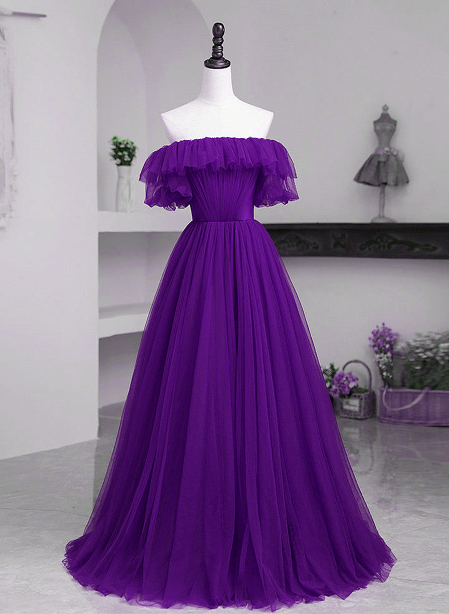 Vestido de fiesta largo con hombros descubiertos de tul morado oscuro 