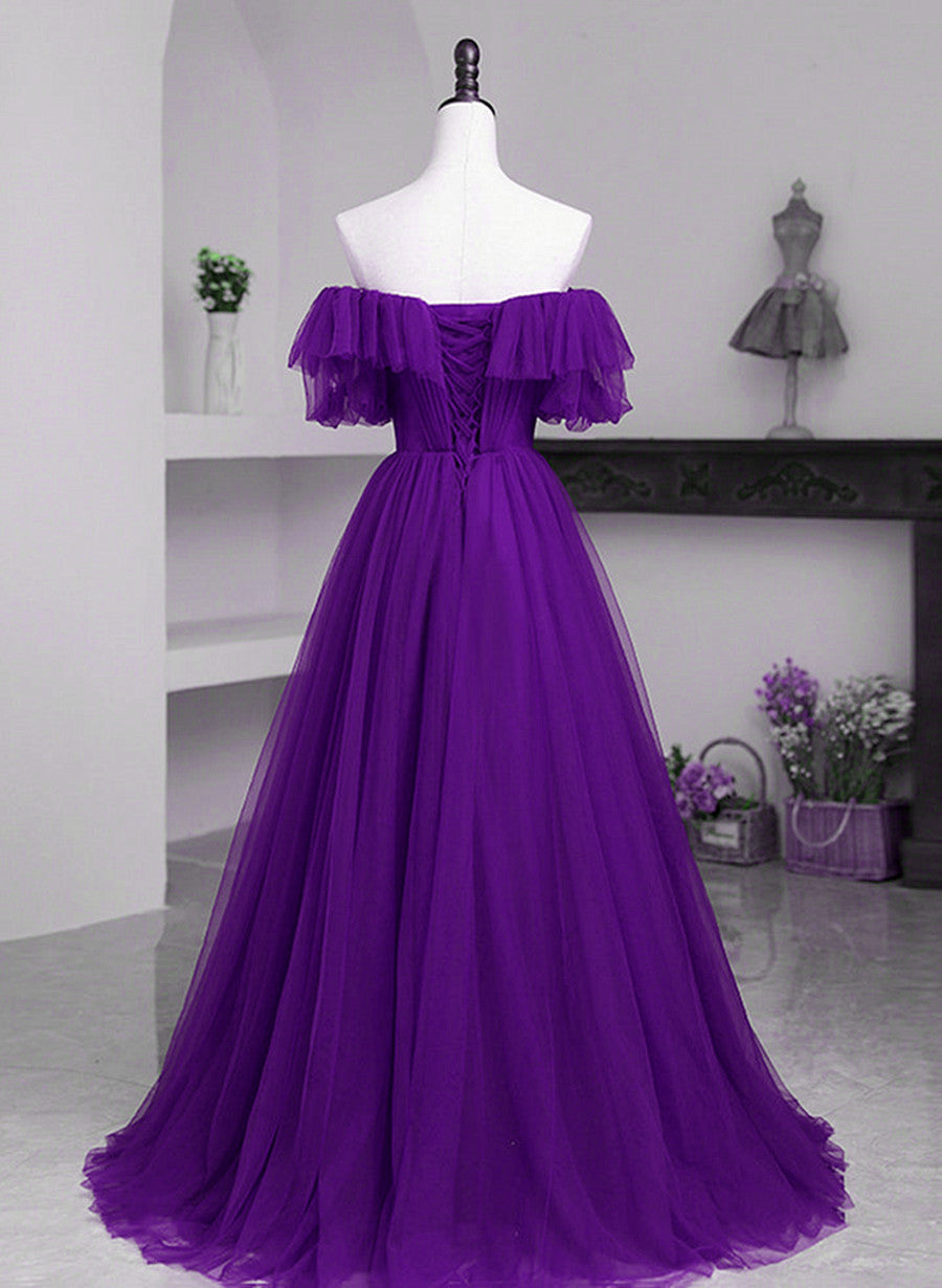 Vestido de fiesta largo con hombros descubiertos de tul morado oscuro 