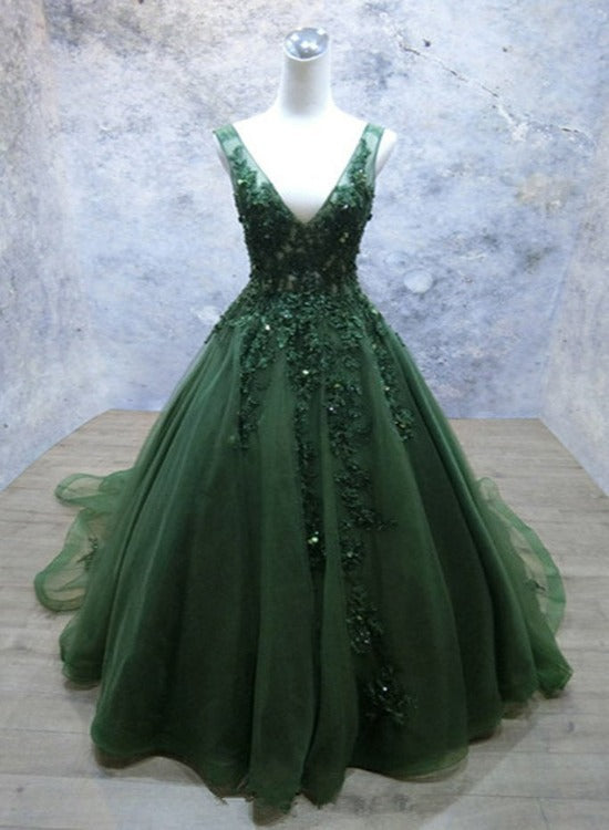 Green Beaded and Lace V-neckline Low Back Long Party Dresses