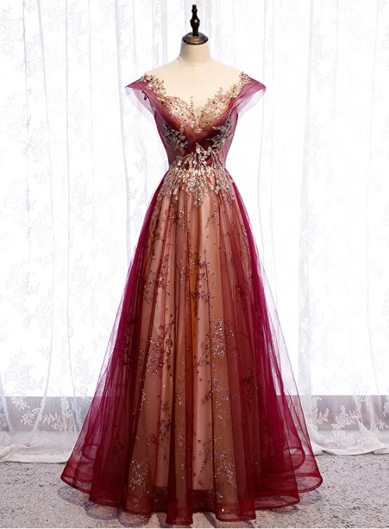Vestido de fiesta de tul con apliques de encaje y mangas cortas color rojo vino 